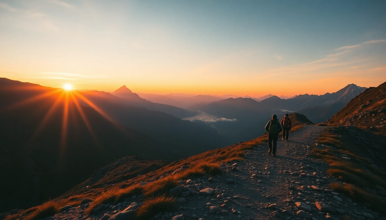 Dynamic trekking scene with hikers traversing rugged mountain terrain, highlighting the adventure of outdoor trekking expeditions in nature