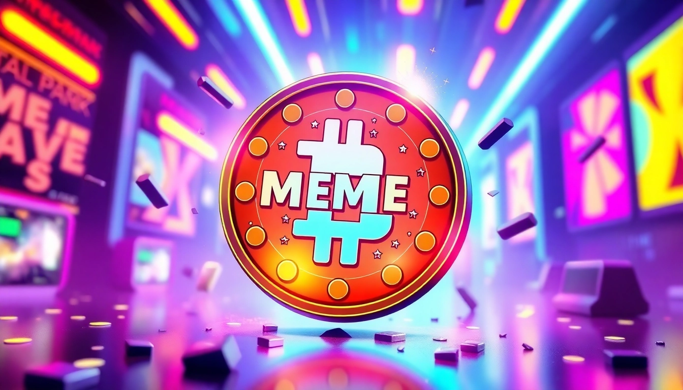 Active scene of a shiny memecoin surrounded by internet meme characters, representing dynamic