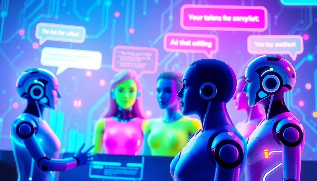 Futuristic AI characters engaged in a lively chat within a modern digital interface.