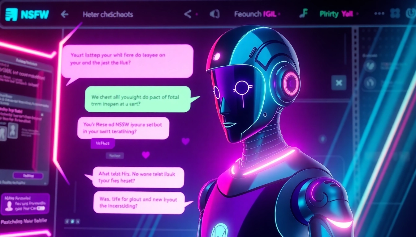 Visual of a high-tech nsfw ai chatbot interface with neon-lit chat bubbles and an animated digital assistant for realistic unfiltered NSFW interactions.
