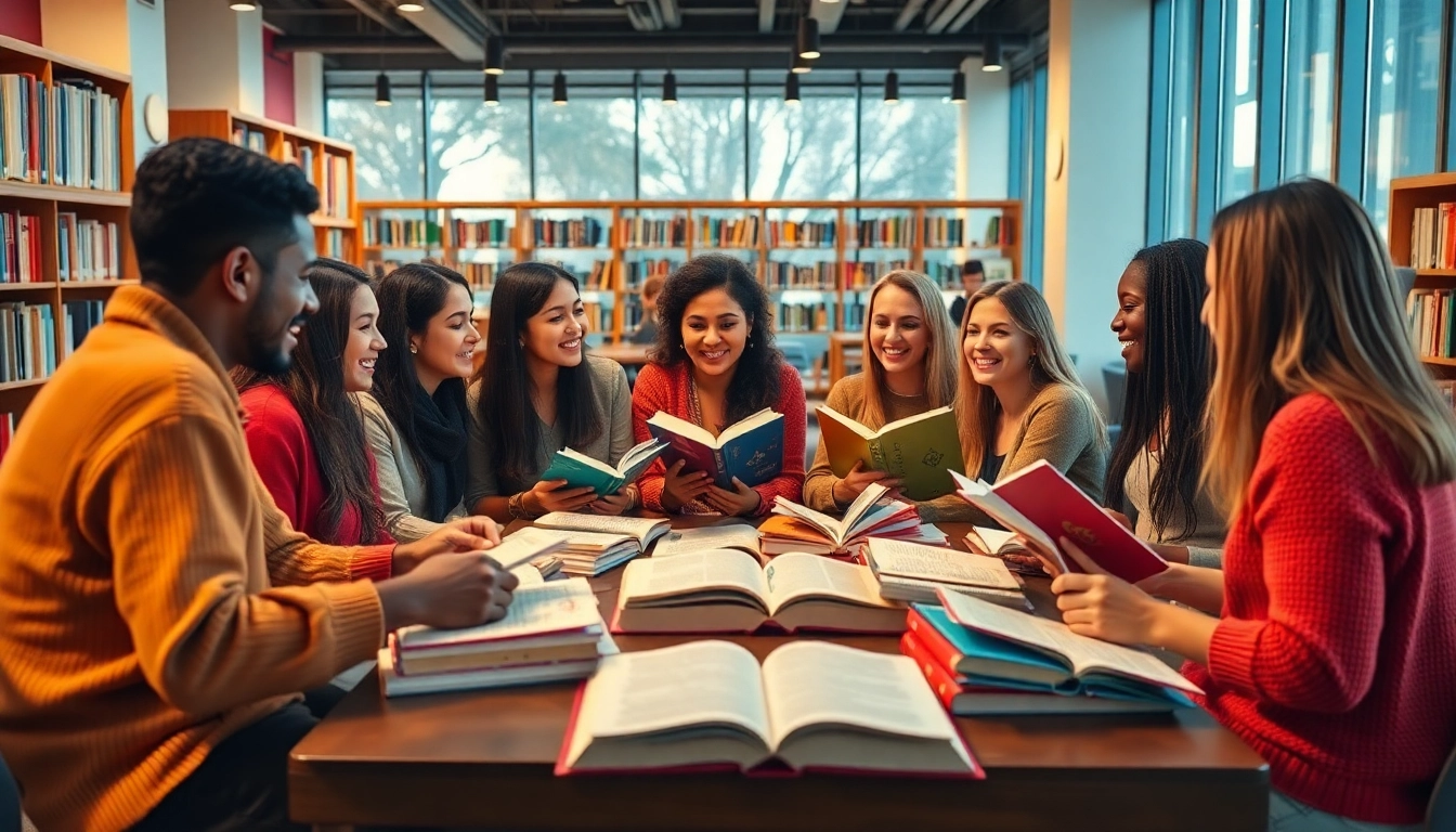 The Reddy Book Club community engages in a lively literary discussion in a modern, cozy library setting, showcasing passion for reading.