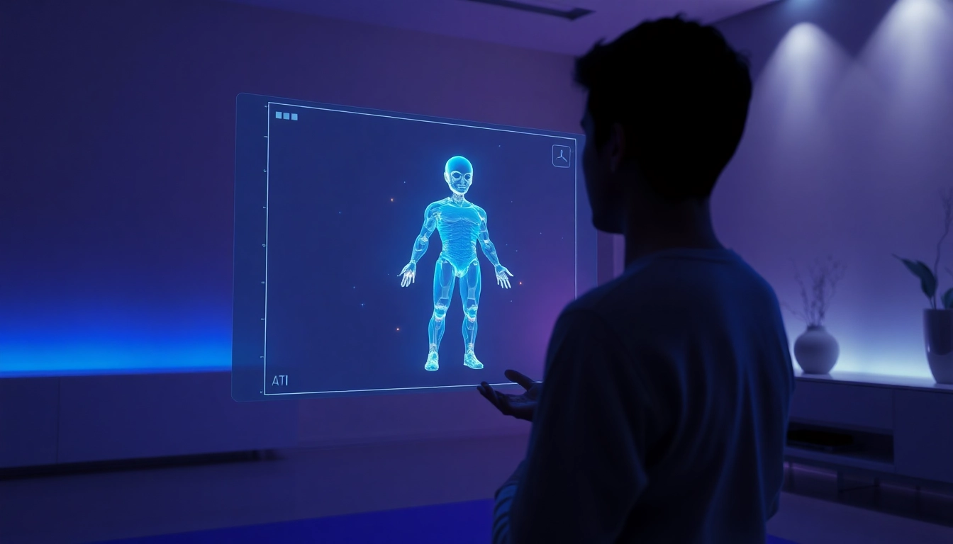 Person interacting with a glowing AI hologram in a modern, high-tech room.