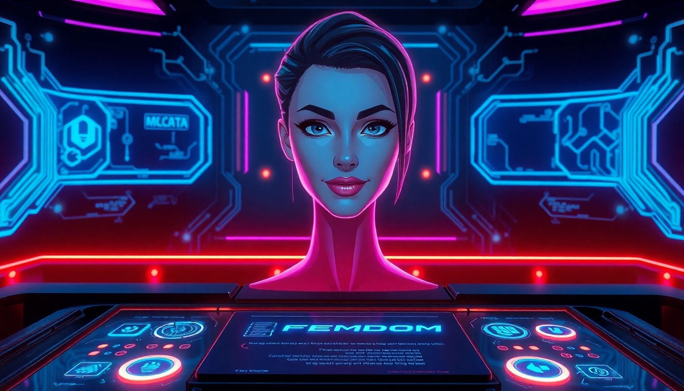 Futuristic female AI character in a cyberpunk control room with holograms and neon lighting.
