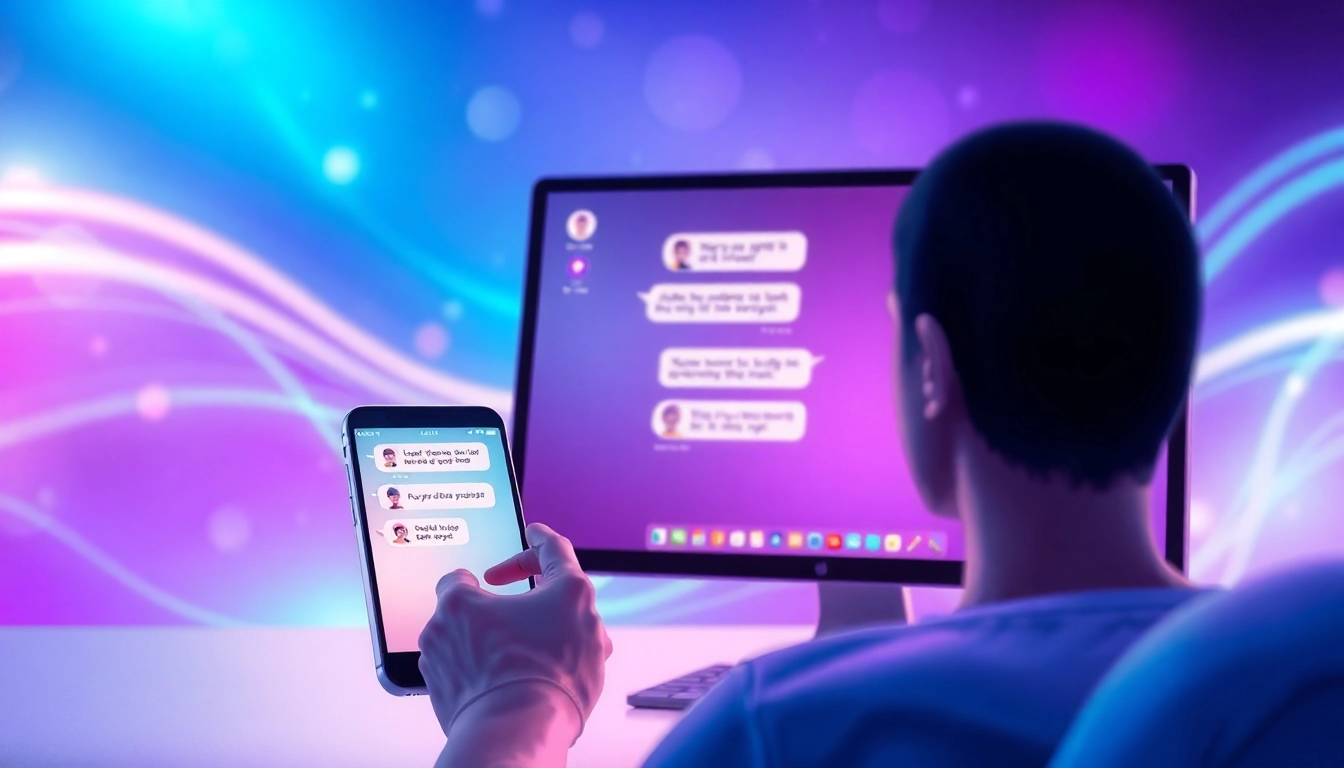 A futuristic digital interface showing an AI chat interaction on a mobile device and desktop with colorful glowing background.