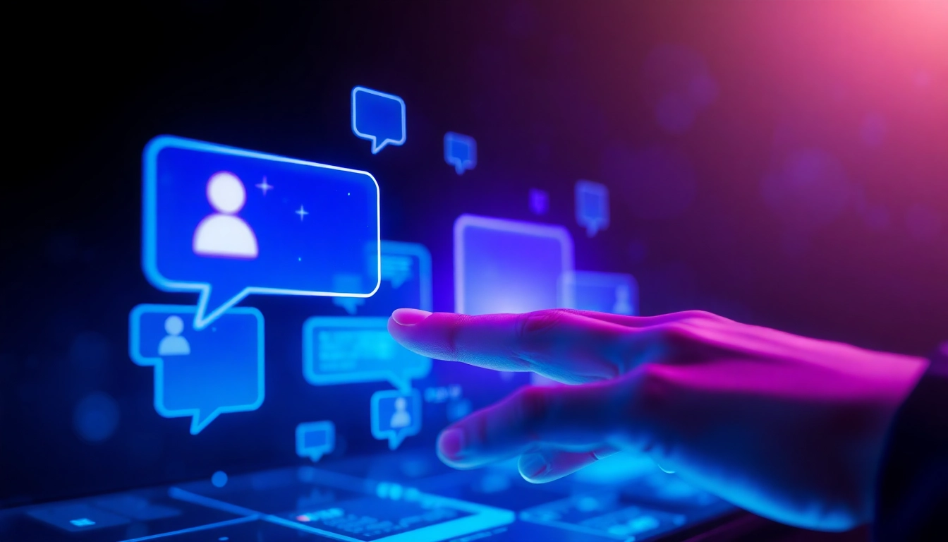 Futuristic digital interface with holographic chat bubbles in space-themed background