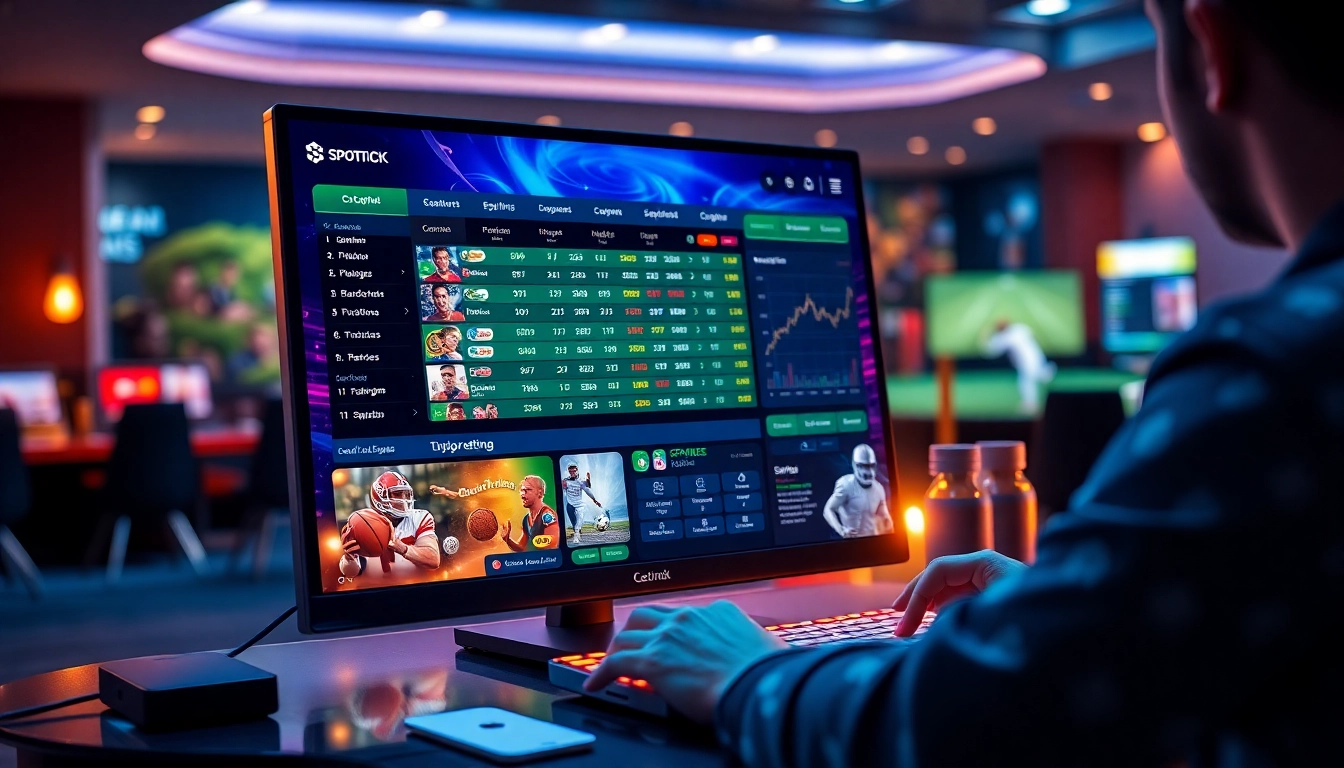 An online sportsbook and casino platform with betting options and live sports graphics on a computer screen.