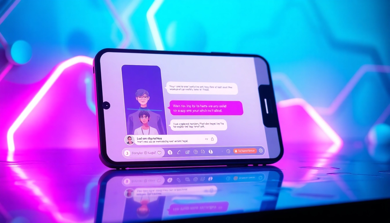 Futuristic digital chat interface with customizable AI characters in a neon-lit environment.