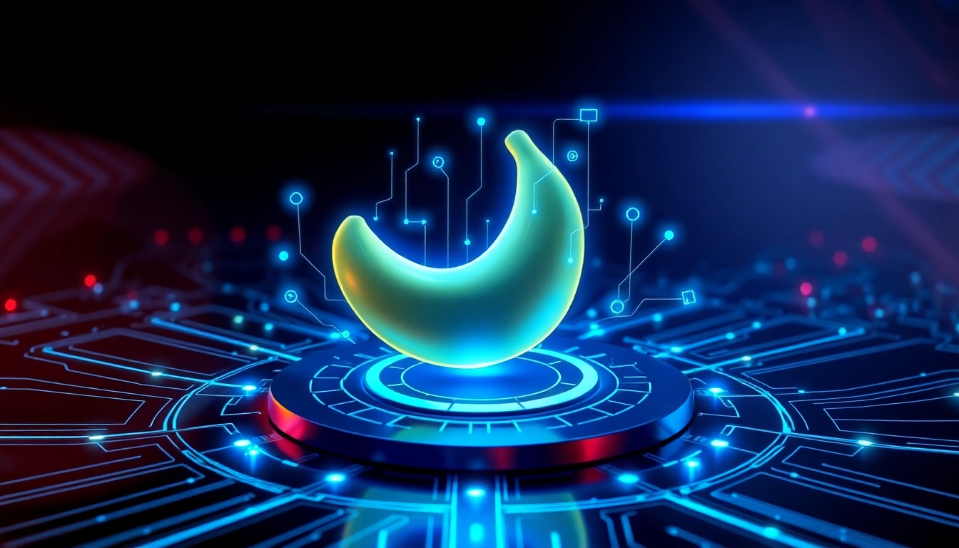 Futuristic AI interface with a glowing banana icon and digital circuits representing advanced image editing technology.