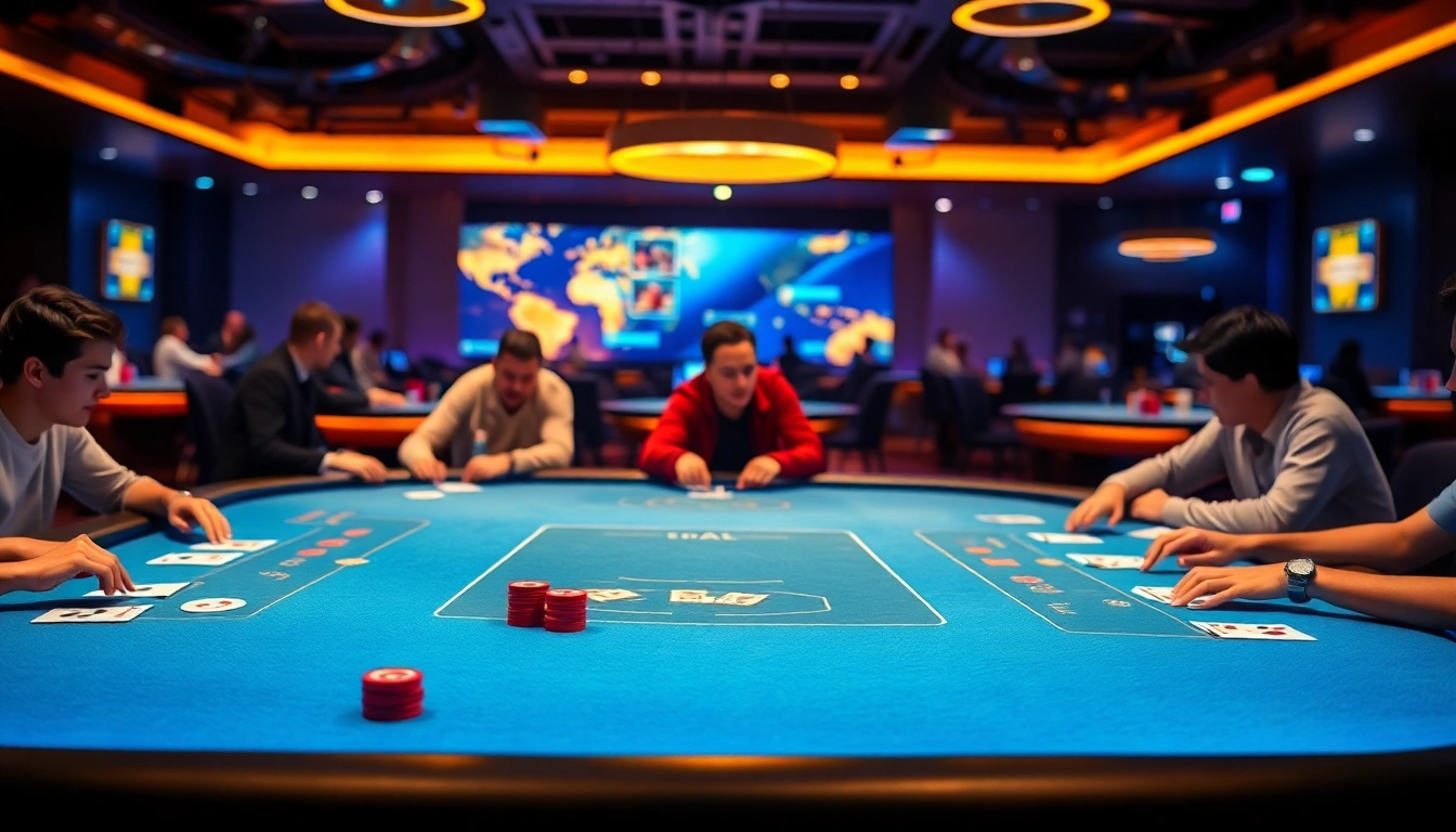 Clubgg poker promotional image showing lively online poker players engaged in strategic gameplay with chips and cards on a user-friendly platform.