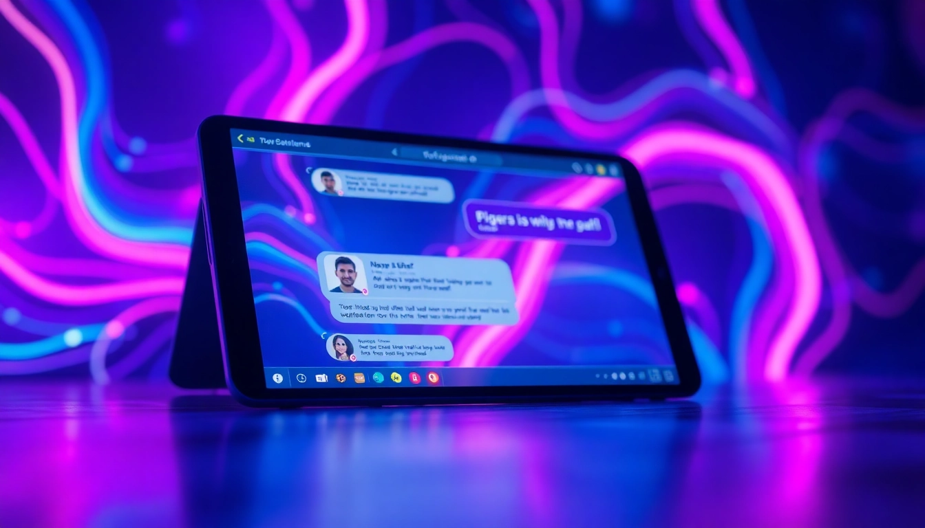 Futuristic digital chat interface with vibrant neon colors and glowing text bubbles, representing AI conversation.