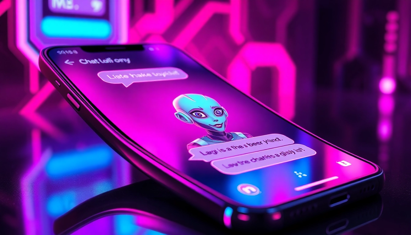 Futuristic smartphone displaying a seductive AI chatbot interface with neon colors and high-tech design elements.