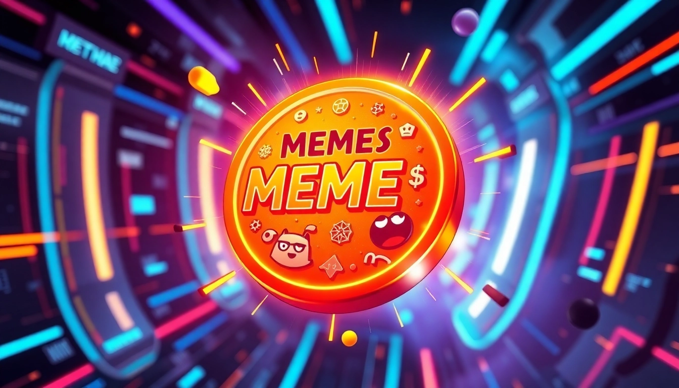 Dynamic memecoin illustration with internet meme icons and vibrant colors capturing meme