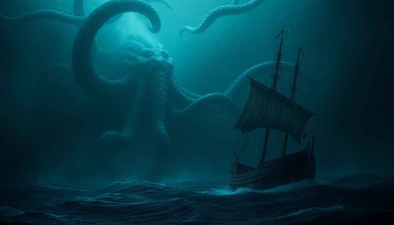 The powerful kraken attacks a sailing ship in deep ocean waters, showcasing its massive