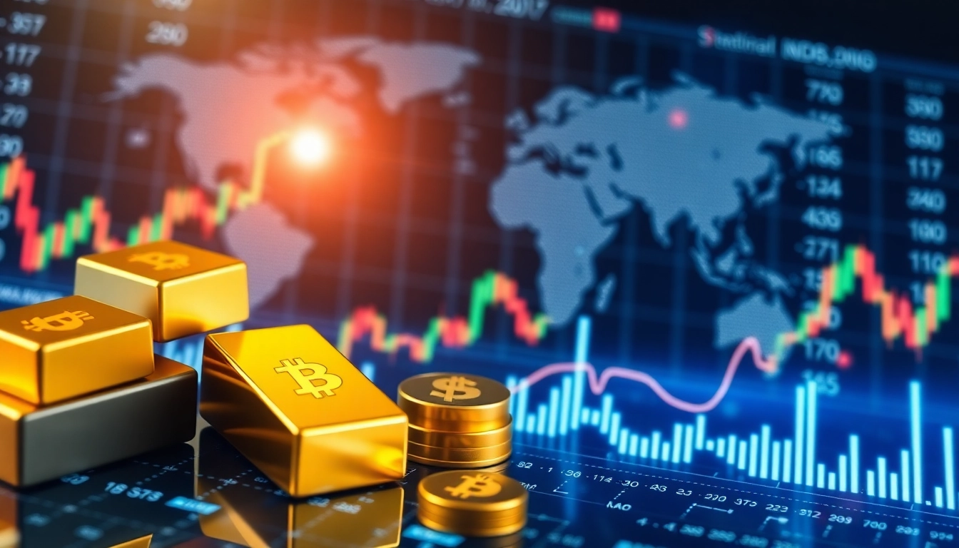 Global Trading News illustrating stock charts, gold records, and cryptocurrency symbols for