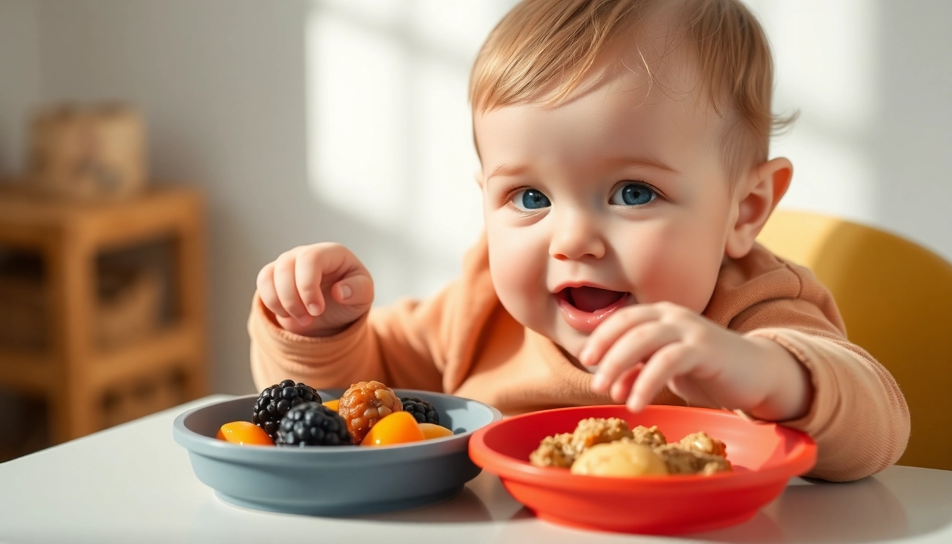 Child creating baby weaning foods with healthy ingredients on silicone plates for safe feeding