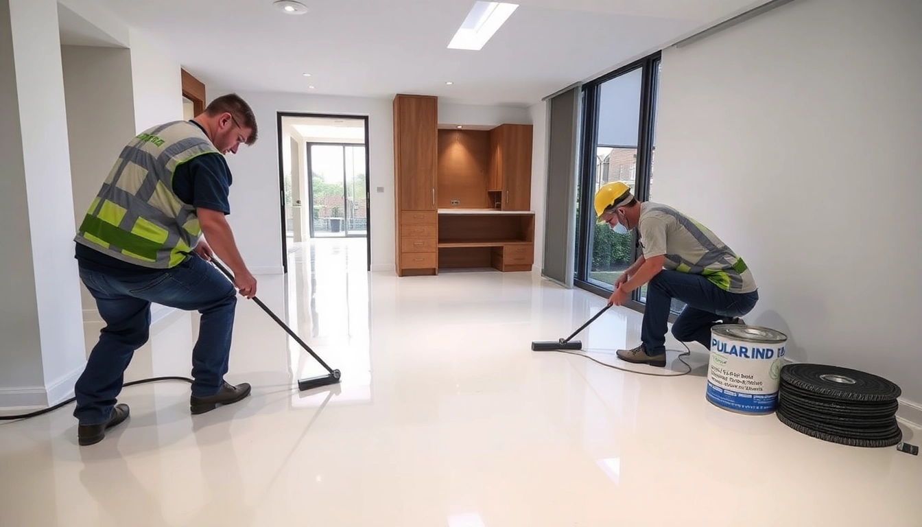 Skilled team applying liquid screeding in Birmingham for expert flooring installation and