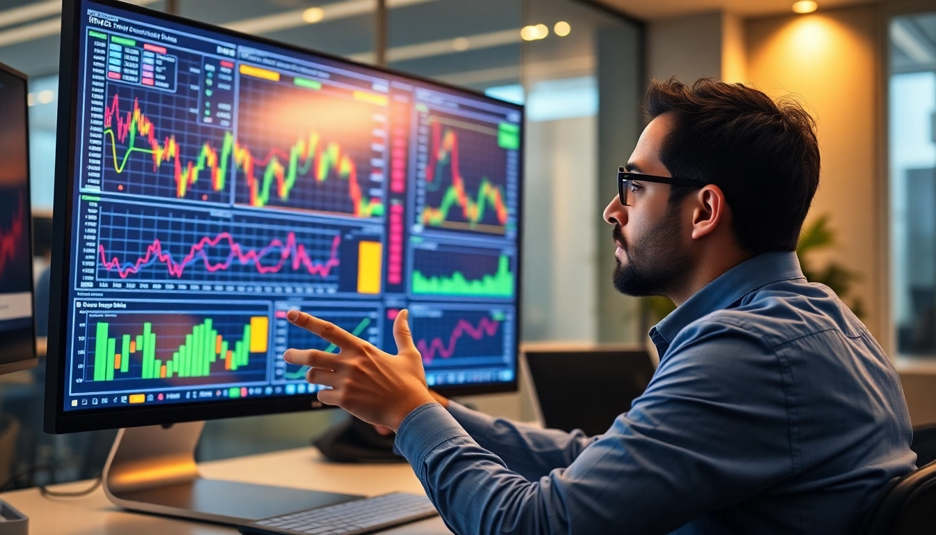 Trading view chart analysis with professional trader navigating detailed financial data for
